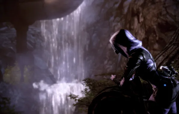Картинка трава, горы, водопад, Mass Effect 2.Тали