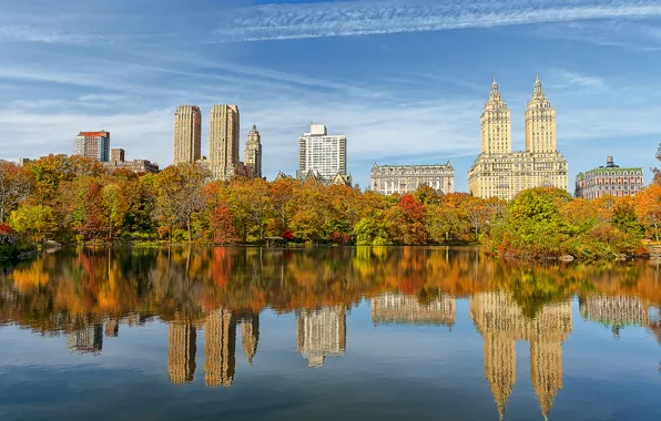 Картинка осень, небо, вода, деревья, дома, Нью-Йорк, США, Центральный парк