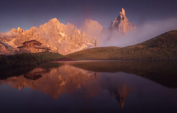 Пейзаж, горы, природа, туман, озеро, отражение