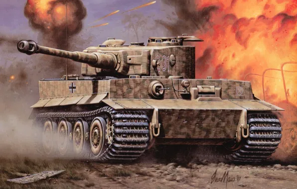 Картинка тигр, огонь, война, обои, танк, сражение, бронетехника