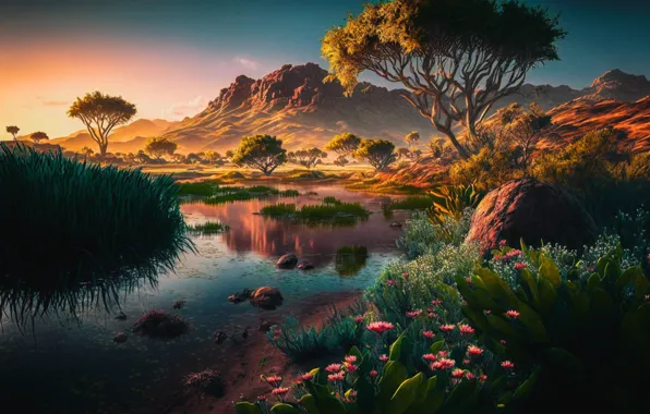 Лес, деревья, пейзаж, цветы, горы, природа, камни, берег