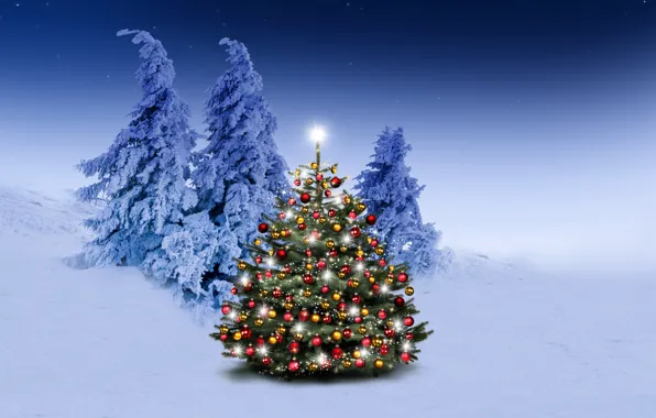 Зима, снег, украшения, снежинки, шары, елки, Новый Год, Рождество