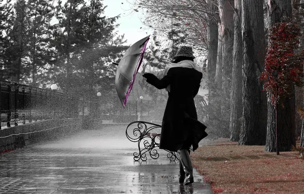 Девушка, парк, зонтик, дождь