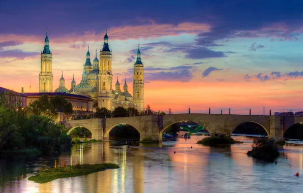 Закат, мост, город, река, фото, рассвет, Испания, Zaragoza