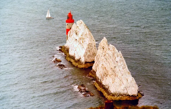 Море, скалы, маяк, Иголки, Великобритания, Айл-оф-Уайт, вертикальные столбцы, The Needles