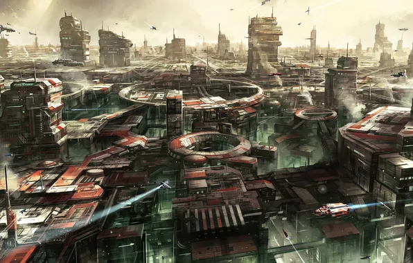 Картинка космос, машины, город, здания, корабли, space, planet, game wallpapers
