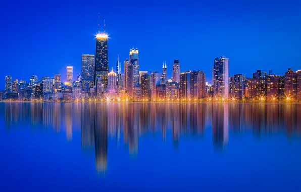 Вода, озеро, здания, дома, Чикаго, панорама, Иллинойс, ночной город