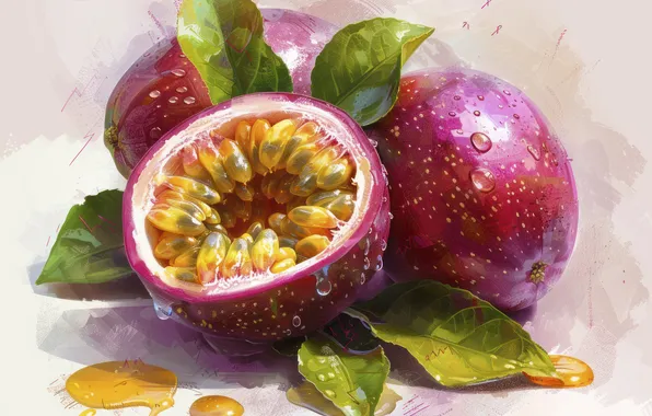 Листья, капли, сок, фрукты, светлый фон, пассифлора, маракуйя, имитация акварели