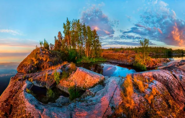 Лес, небо, облака, деревья, закат, озеро, камни, Карелия