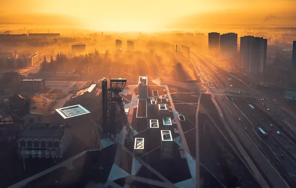Город, туман, утро, Poland, Katowice