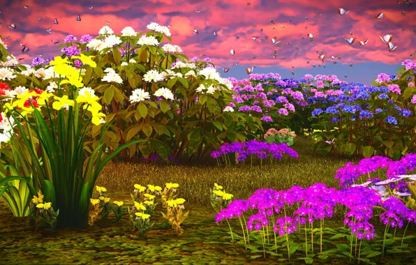Картинка небо, трава, облака, бабочки, цветы, нарциссы, флоксы