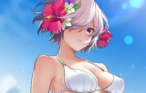 Girl, sexy, cleavage, boobs, anime, beautiful, short hair, purple eyes