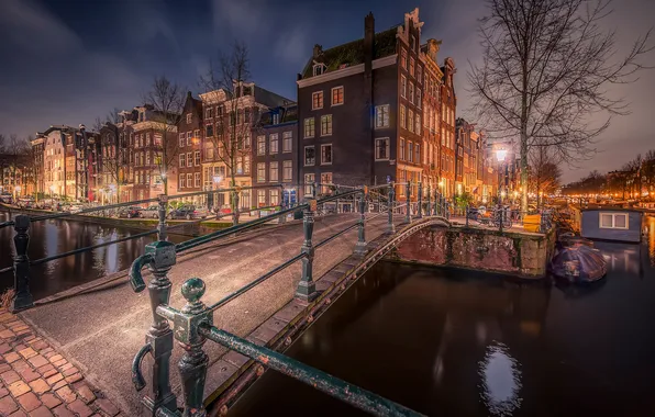 Ночь, канал, Amsterdam, Milkmaids bridge