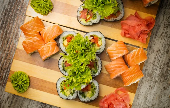 Rolls, sushi, суши, салат, роллы, японская кухня, имбирь, ginger