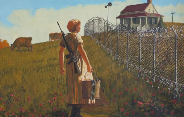 Картинка оружие, женщина, картина, banksy