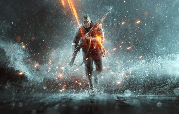 Оружие, дождь, солдат, бежит, Battlefield 1