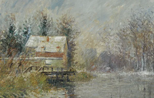 Пейзаж, картина, Гюстав Луазо, Gustave Loiseau, Дом у Воды. Снежный Эффект