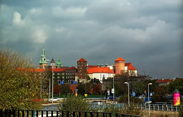 Небо, мост, башня, холм, Польша, Краков, Вавель