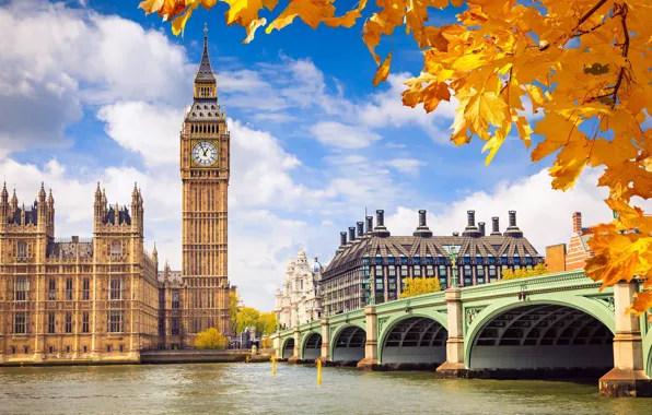 Картинка осень, небо, листья, облака, мост, река, фон, Англия