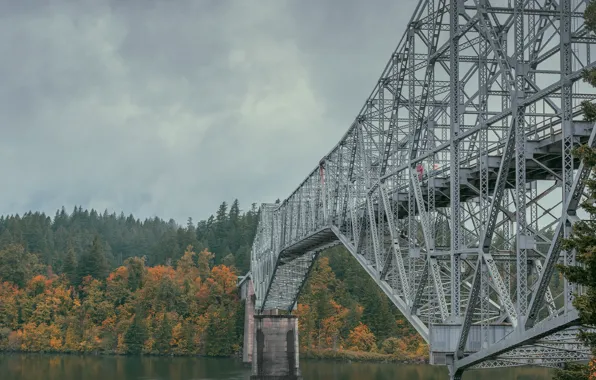 Небо, деревья, мост, водоём, OREGON STATE