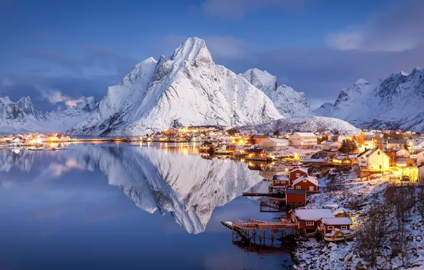 Картинка зима, снег, горы, озеро, дома, вечер, Норвегия, Norway
