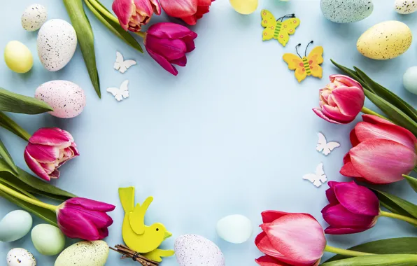 Цветы, яйца, весна, colorful, Пасха, тюльпаны, happy, pink