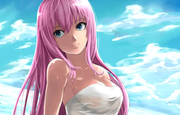 Небо, вода, девушка, облака, капли, улыбка, vocaloid, megurine luka