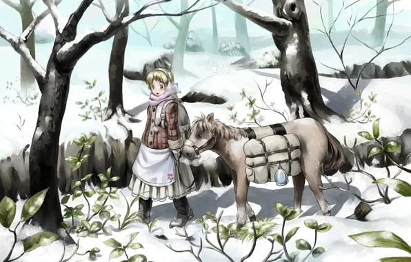 Картинка зима, девушка, снег, деревья, животное, растения, аниме, шарф