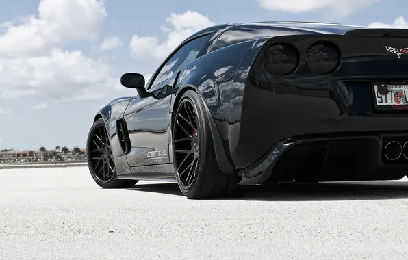 Картинка чёрный, Z06, Corvette, Chevrolet, шевроле, black, корвет, задняя часть