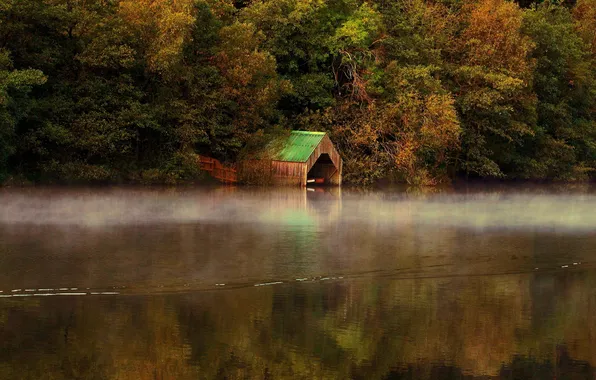 Осень, природа, озеро, река, гараж, на воде