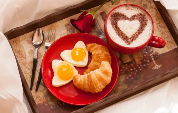 Картинка любовь, праздник, сердце, роза, кофе, завтрак, чашка, rose