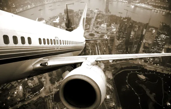 Картинка город, самолет, река, двигатель, взлет, иллюминаторы