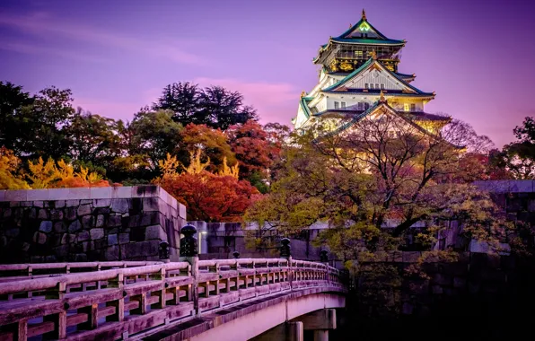 Деревья, закат, мост, город, замок, Япония, сад, Осака