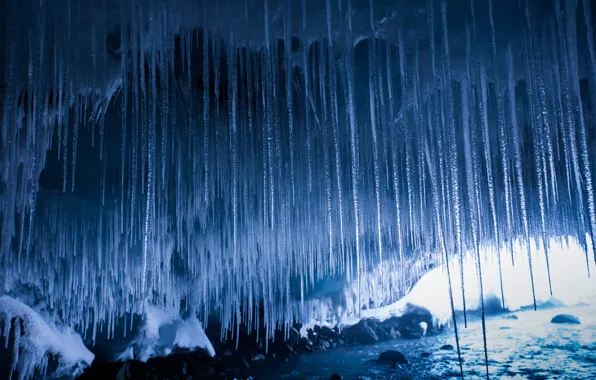 Зима, вода, природа, сосульки, пещера