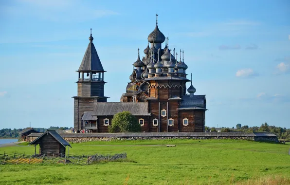 Картинка пейзаж, озеро, остров, церковь, Россия, купола, Карелия, Kizhi Pogost