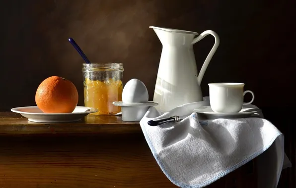 Картинка яйцо, апельсин, еда, завтрак, нож, кружка, кувшин, джем