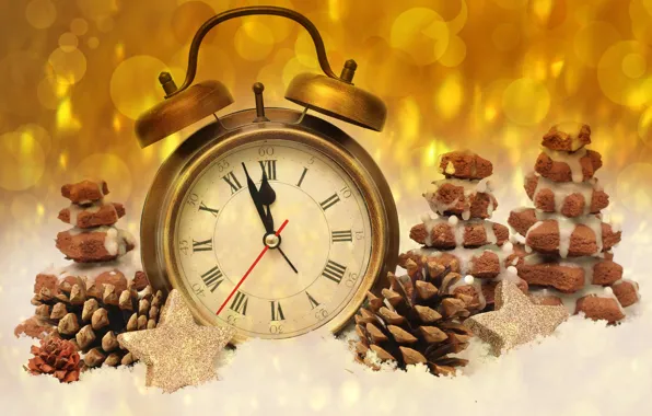 Время, блики, фон, праздник, часы, новый год, печенье, будильник