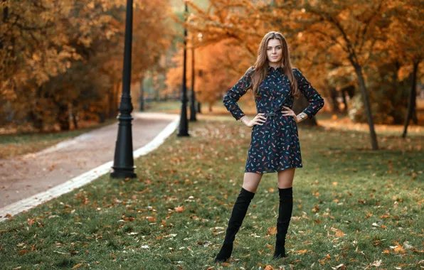 Осень, деревья, парк, Девушка, платье, ножки, сапожки, Сергей Васильев