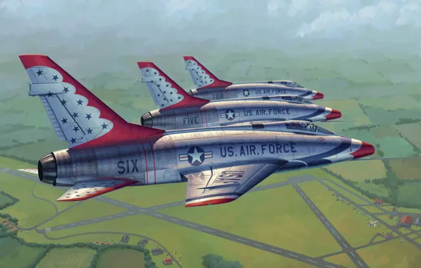 Картинка war, art, painting, aviation, jet, F 100D Thunderbirds