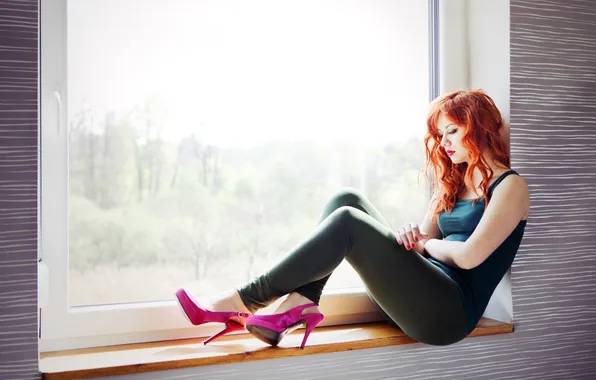 Картинка girl, young, beautiful, window, red-haired