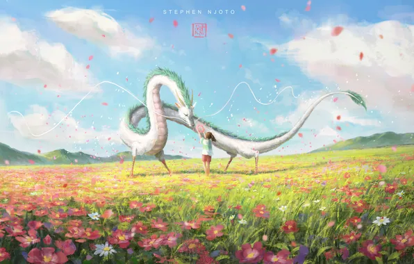 Небо, цветы, природа, дракон, фэнтези, девочка, Haku, Chihiro Ogino