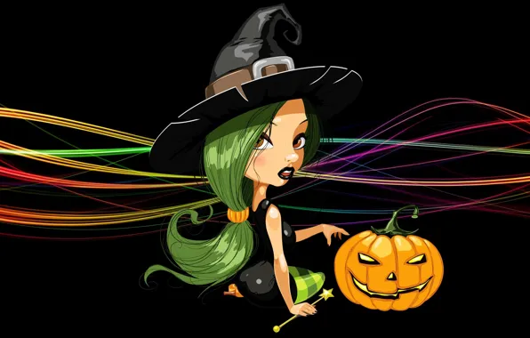 Картинка линии, шляпа, тыква, ведьма, черный фон, сидит, зеленые волосы, Happy Halloween