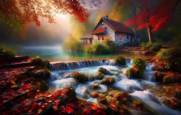 Осень, лес, деревья, природа, водопад, домик, ИИ-арт