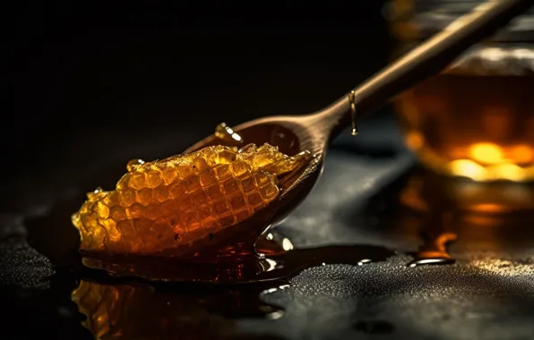 Капли, стол, соты, мед, ложка, банка, черный фон, мёд