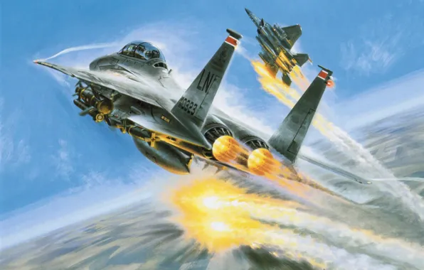 Картинка war, art, painting, aviation, McDonnell Douglas F-15 Eagle, jet, air combat