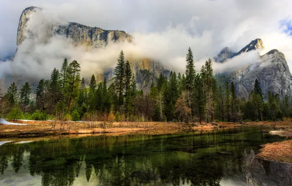 Облака, деревья, пейзаж, горы, природа, отражение, Калифорния, США