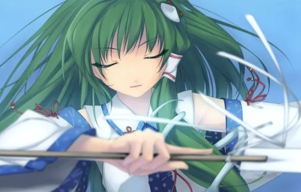 Магия, рука, жрица, зеленые волосы, закрытые глаза, Kochiya Sanae, Touhou Project, Проект Восток