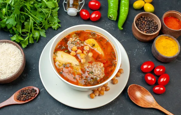 Картинка table, soup, meat, greens, yummy, seasonings
