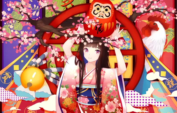 Kawaii, girl, anime, pretty, sakura, brunette, japanese, kimono