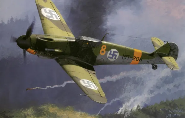 Картинка небо, рисунок, истребитель, арт, WW2, Me-109, ВВС Финляндии
